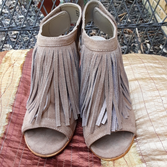 Corkys Shoes Corkys Wahoo Tan Faux Suede Fringe Stacked Heel Open Toe Shoe Poshmark